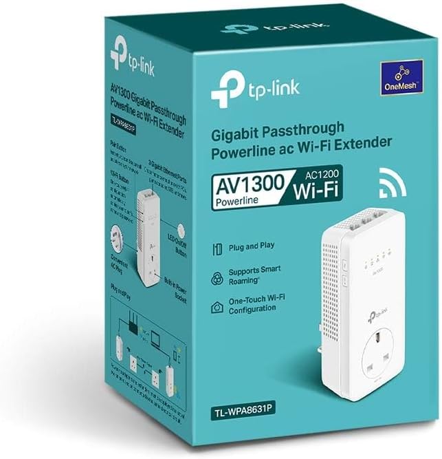 TP-Link TL-WPA8631P(UK) 3.0 Powerline WLAN-Adapter 1300 Mbit/s, Gigabit Ethernet, Eingebaute Steckdose, Weiß, UK-Stecker