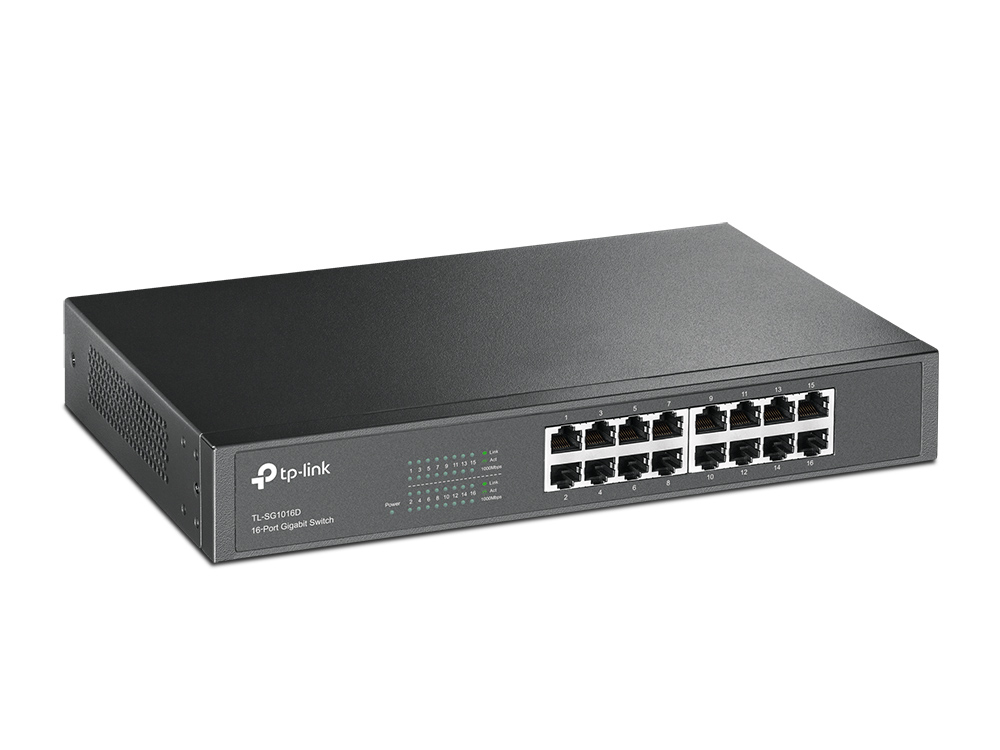 TP-Link TL-SG1016D 16-Port Gigabit Netzwerk Unmanaged Switch (Rackmount, 32Gbit/s Switching-Kapazität, geschirmte RJ-45 Ports, Metallgehäuse, lüfterlos, Plug-und-Play) schwarz Gigabit Switch 16-port