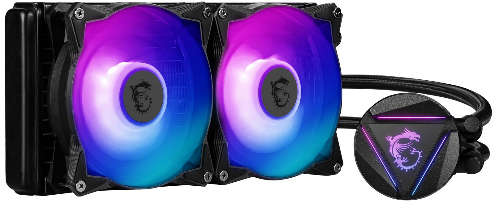 MSI MAG-CRLQD-240R2 240 mm AiO Wasserkühlung, 2x 120 mm Lüfter, RGB (Blau/Pink), 4200 RPM Pumpe, 12 V, Schwarz