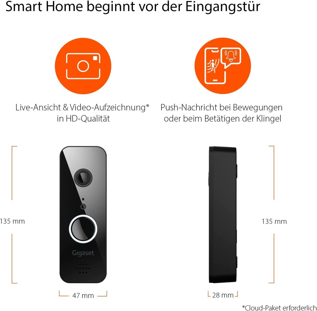 Gigaset Doorbell - Smart-Home Türklingel zur Überwachung der Eingangstür mit Echtzeit-Videoübertragung in Full HD, Push-Nachricht bei Bewegungen und Klingeln - App-Steuerung, schwarz Smart Doorbell ONE X