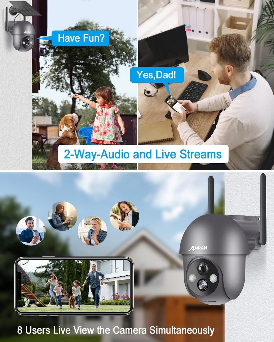 ANRAN 2K Überwachungskamera Aussen Akku WLAN, 360 Grad Schwenkbare Kabellose Überwachungskamera mit Solarpanel, PIR Bewegungsmelder mit Flutlicht, 2-Wege-Audio, Nachtsicht, 2,4GHz WLAN, Q01 Grau