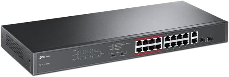 TP-Link TL-SL1218MP 16-Port Fast Ethernet Rackmount PoE+ Switch mit 2 Gigabit Ports (250 Watt, geschirmte RJ-45 Ports,IEEE-802.3af/at, Plug-and-Play Installation, lüfterlos) Schwarz
