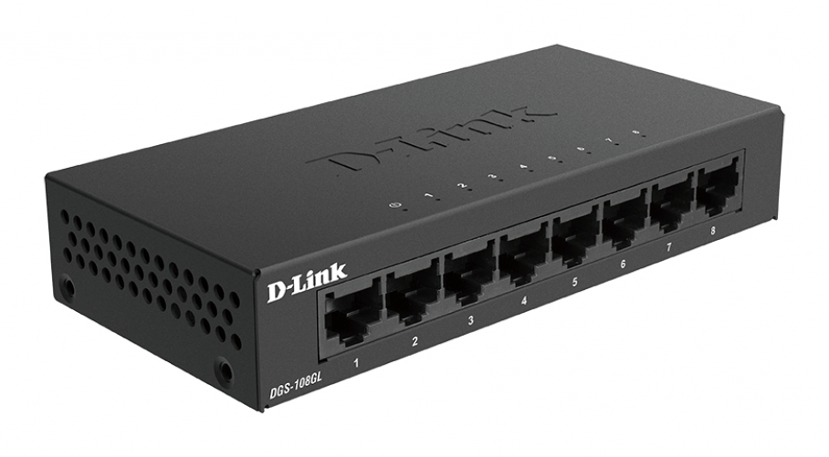 D-Link DGS-108GL 8-Port Unmanaged Gigabit Switch (ohne Lüfter, Low Profile Metallgehäuse, Desktop, Plug-and-Play, QoS, 802.3az EEE), Black 8 Port|Gigabit Ethernet| Metallgehäuse