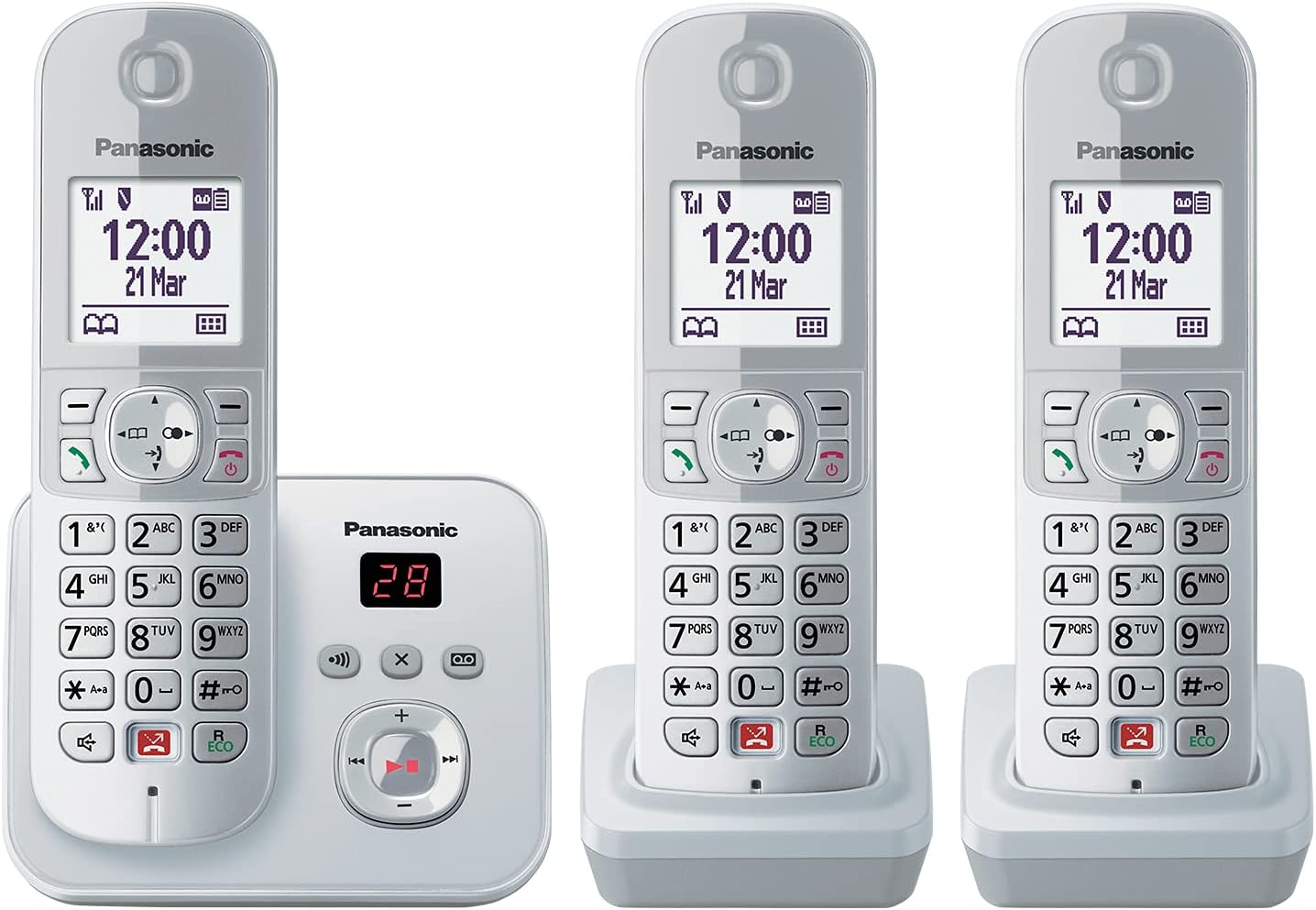 Panasonic KX-TG6863GS Schnurlostelefon mit 3 Mobilteilen, Anrufbeantworter, bis zu 1.000 Rufnummern sperren, große Tasten, Voll-Duplex-Freisprechen, Silber