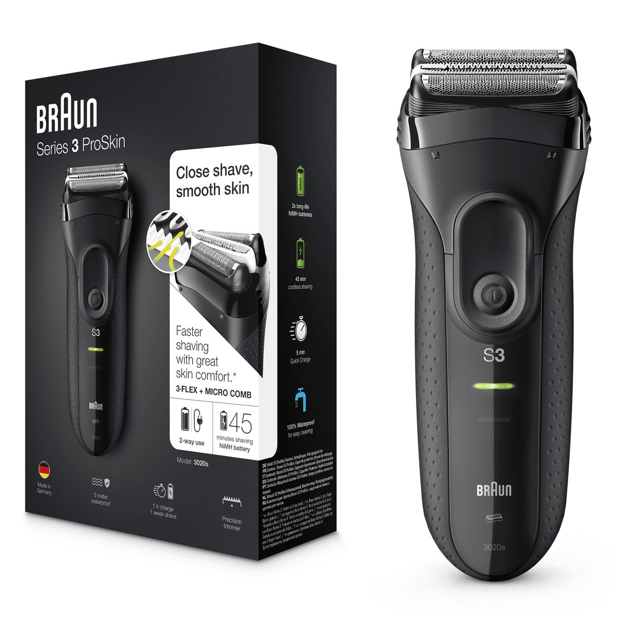 Braun Series 3 ProSkin shaver men, electric shaver with precision trimmer, rechargeable and cordless electric shaver, 45 min run time, 3020s, black Black Single