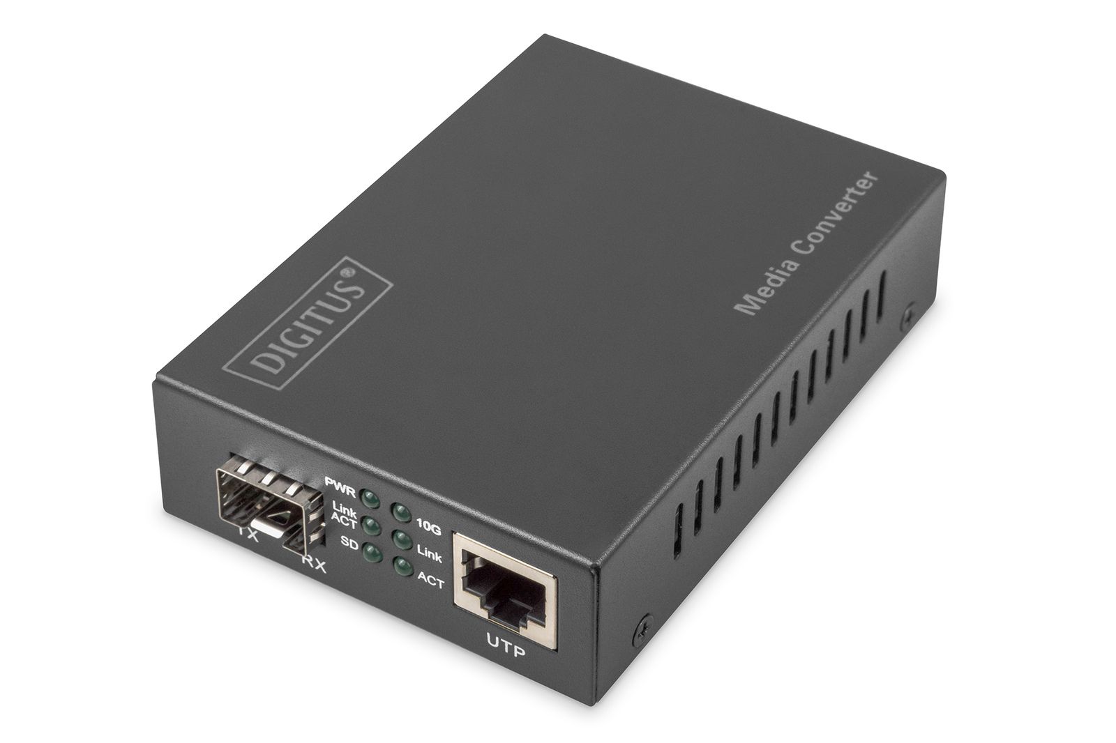 Digitus DN-82211 10 Gigabit Medienkonverter, 10G RJ45 & SFP, PoE, 5 V DC, 80 km Reichweite, Schwarz, EU