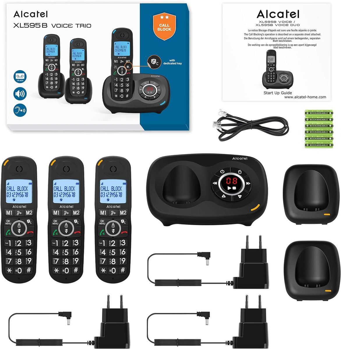Alcatel XL595 Voice Trio schnurloses Großtastentelefon mit DREI Mobilteilen und Anrufbeantworter extra großes Festnetztelefon für zuhause mit Anrufschutz