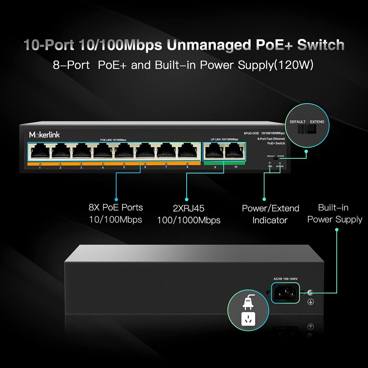 MokerLink 8 Port PoE Switch mit 2 Gigabit Uplink Port, PoE Plus 802.3af/at, 120W eingebauter Leistung, Erweiterung auf 250 Meter, Plug & Play aus Metall 8 PoE + 2 GE