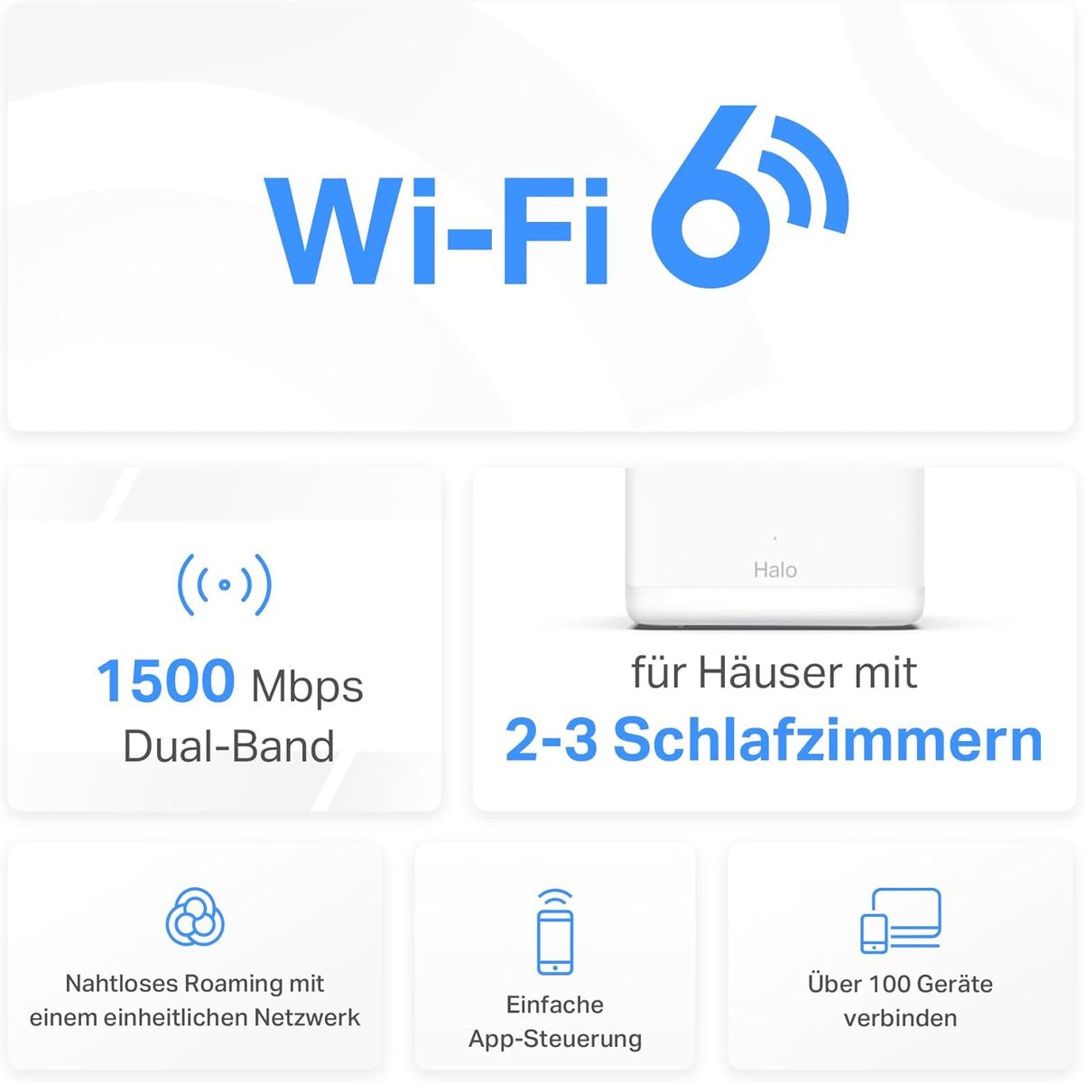Mercusys Halo H1500X Wi-Fi 6 Mesh WLAN Set (2er Pack), AX1500 Dual Band Router & Repeater, Gigabit-Port, empfohlen für Häuser mit 2-3 Schlafzimmern, nahtloses Roaming, MERCUSYS App WiFi 6 AX1500