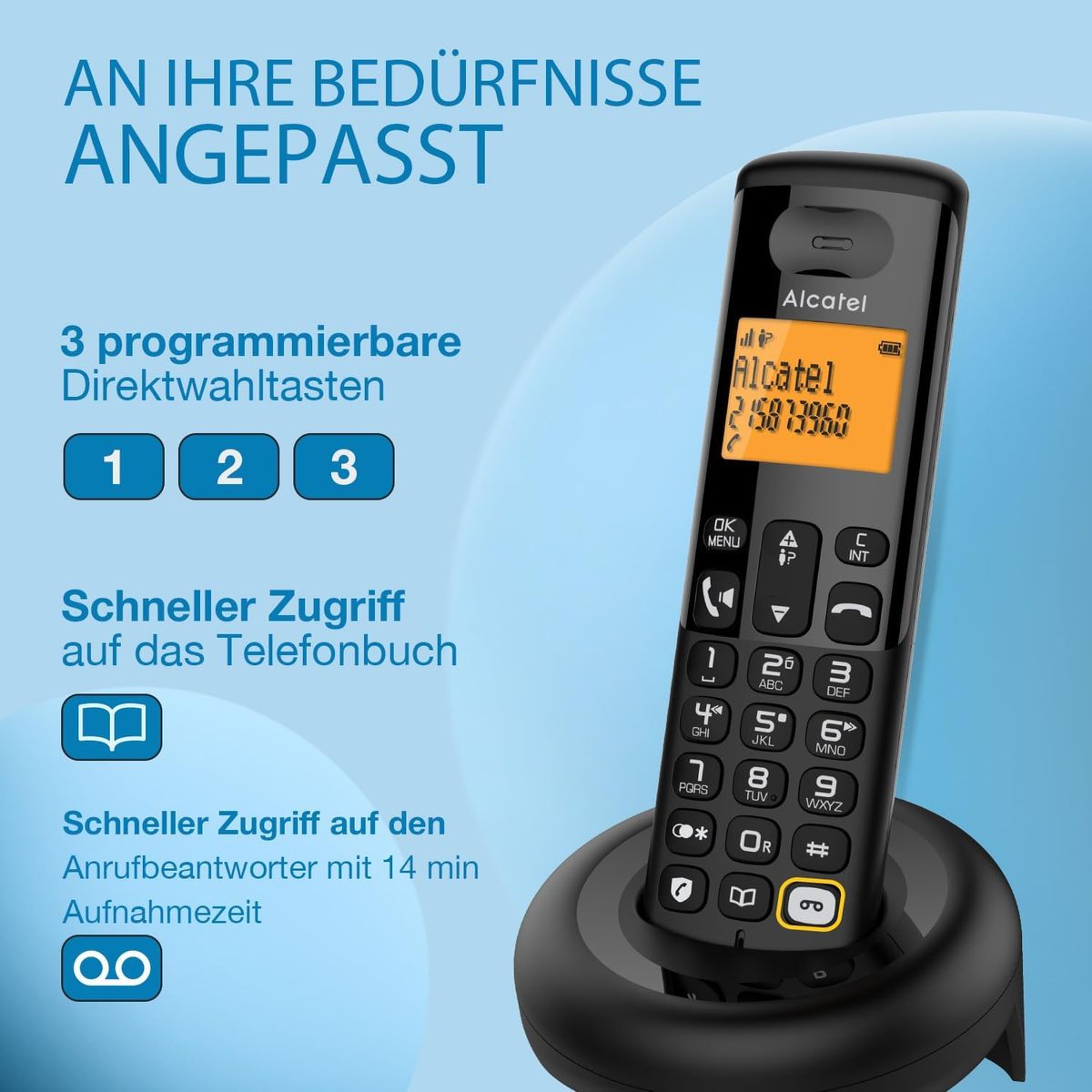 ALCATEL E260 S. Voice Duo – Schnurloses DECT-Telefon mit Anrufbeantworter – Großes Hintergrundbeleuchtetes Display – Freisprechfunktion – Blockierung unerwünschter Anrufe – 2 Mobilteile – Schwarz
