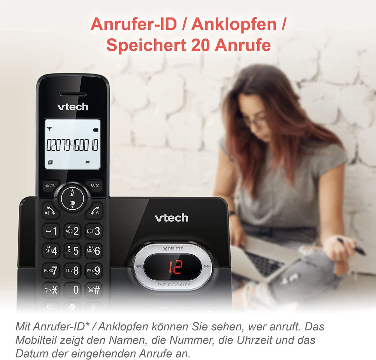 VTech CS2051 schnurloses Telefon Anrufbeantworter 2 Mobilteilen ECO+ Modus Festnetztelefon Anrufsperre Freisprechfunktion große Tasten zwei Zeilen Display