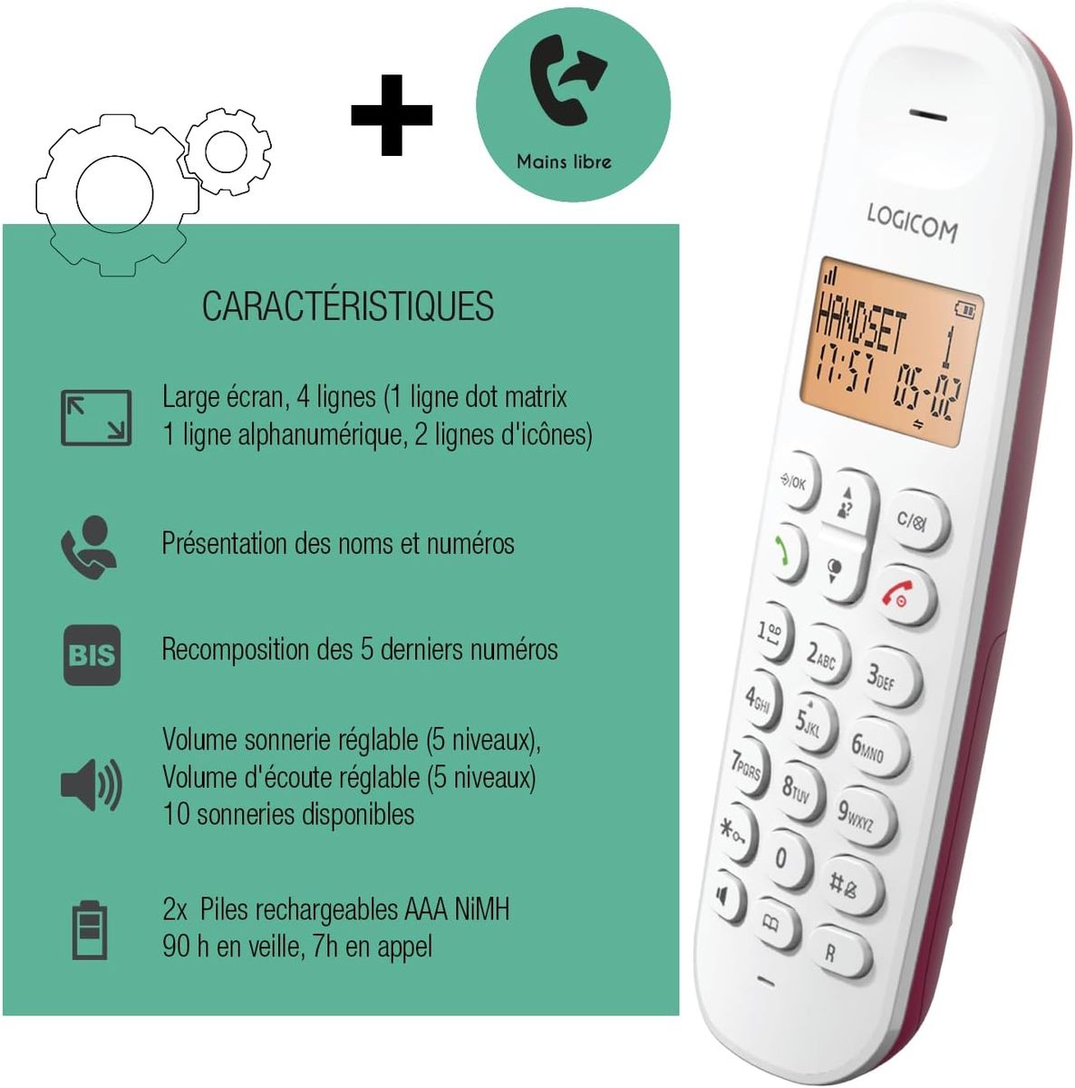 Logicom ILOA 150 Schnurloses Festnetztelefon ohne Anrufbeantworter – Solo – analoge und dect-Telefone – Himbeere