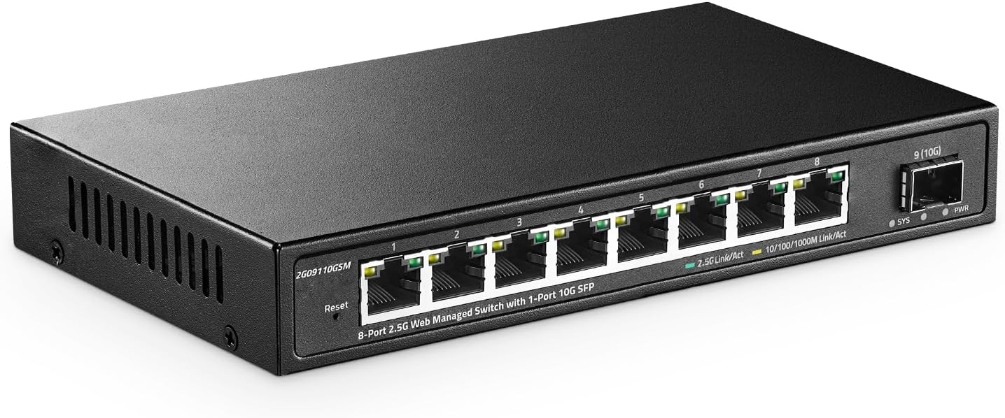 YuLinca 2G09110GSM 8x2,5G +1x10G SFP+ Managed Switch, LACP/QoS/VLAN, lüfterloses Metallgehäuse, Web-GUI, EU