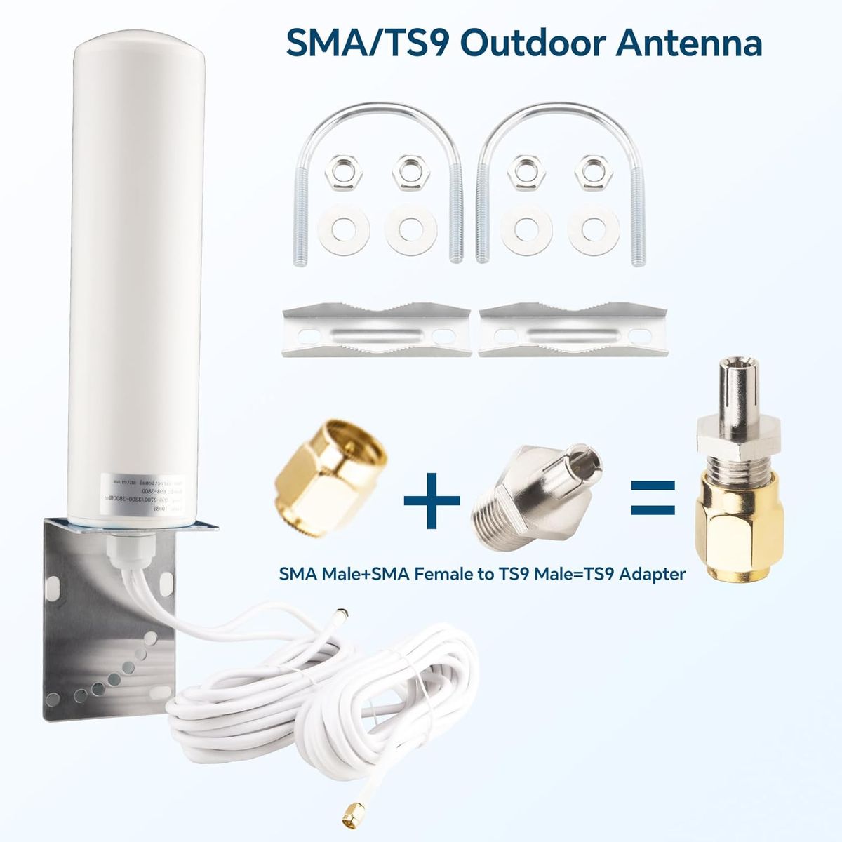 Boobrie 698-3800 4G/5G LTE Outdoor-Antenne 10 dBi Dual SMA 5 m RG58 SMA-auf-TS9 Adapter 698–2700/3300–3800 MHz Omni IP67 für Router & Hotspot