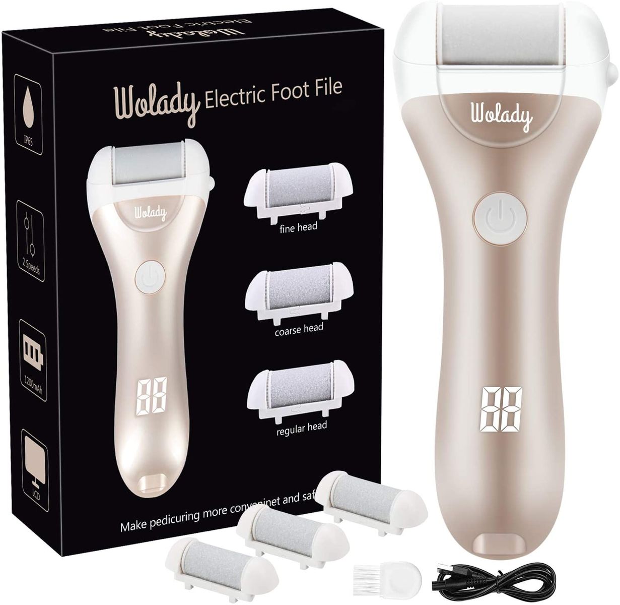 Wolady 3 Rolls Electric Foot File Pedicure Callus Remover Professional Pedicure Tool Electric Rechargeable 1200mAh Battery 2 Speed Goldfarben