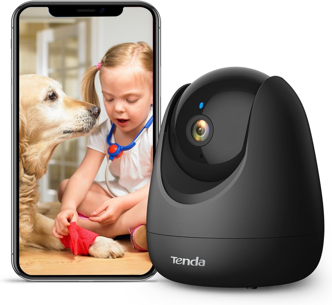 Tenda Überwachungskamera Innen CP3 V2.2, 360 Grad WLAN IP Kamera, 2-Wege-Audio, 1080P, Nachtsicht, Ton & Licht Alarm, Bewegungsverfolgung, Haustierkamera für Hund/Katze, Baby Kamera, Alexa, Schwarz CP3 Schwarz