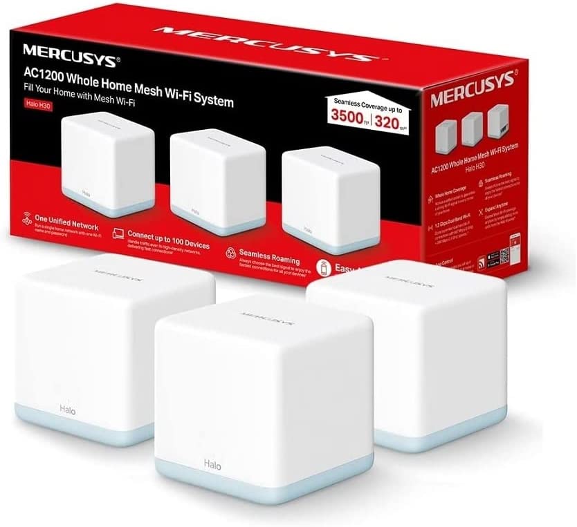 Mercusys Halo H30(3-Pack) - AC1200 Wi-Fi Mesh, 10/100 MB/s Ehernet-Anschluss, Dual-Band 2. 4 GHz/5 GHz, bis zu 320 m2, MU-MIMO, Kindersicherung, einfache Einrichtung App, Weiß Co