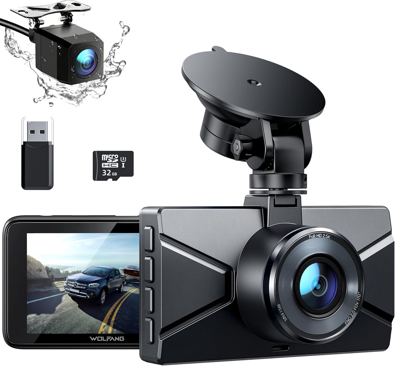 WOLFANG WD02 Dashcam für Auto Front+Rear 2,5K vorne, 1080P hinten, Ultra-Nachtsicht, 170° Weitwinkel, WDR, Parkmodus, G-Sensor, Loop-Aufnahme, 32GB SD-Karte
