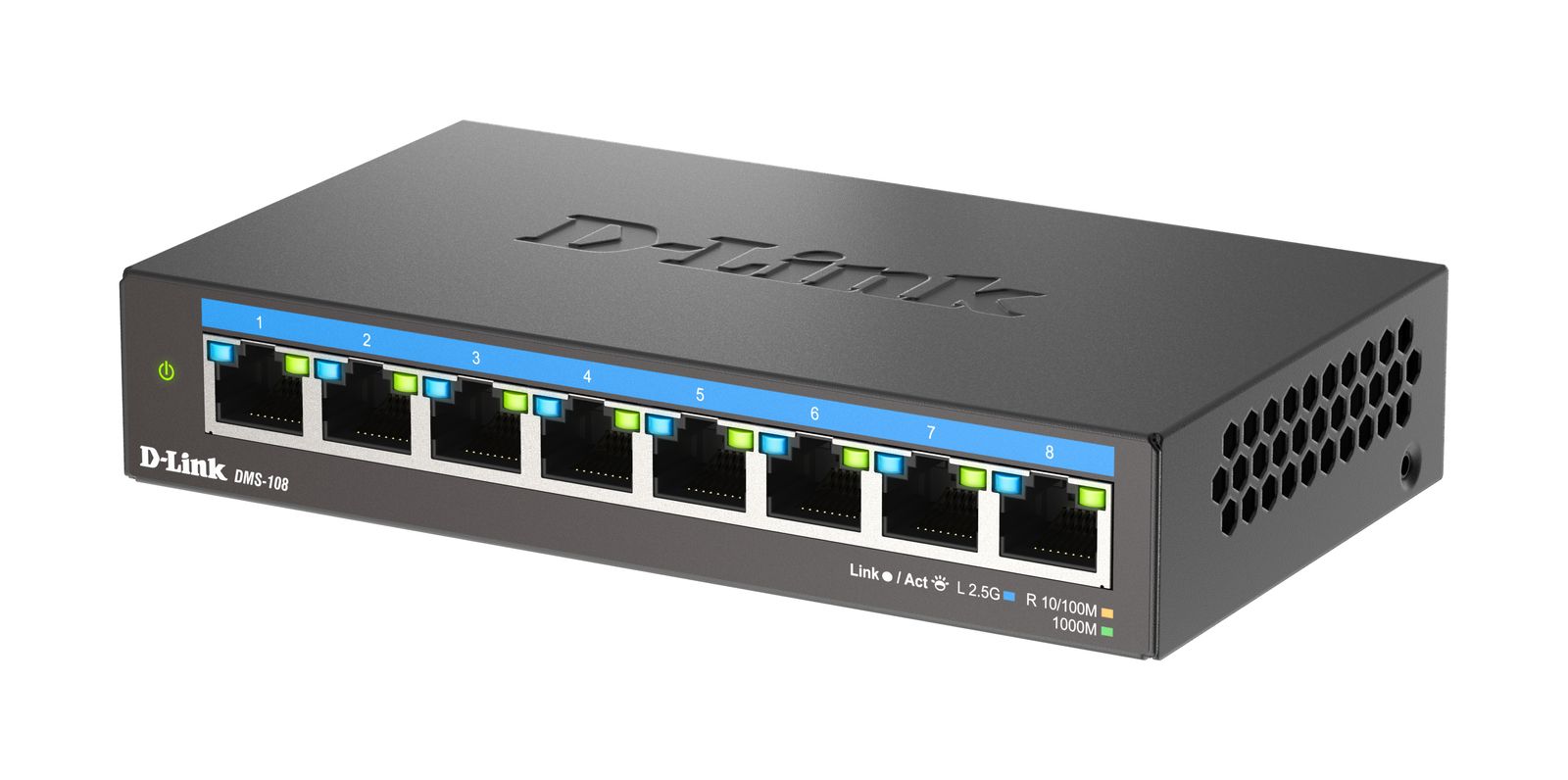 D-Link DMS-108/B Unmanaged 8-Port 2.5G Ethernet Switch, 8x RJ-45 (100/1000/2500), 40 Gbit/s Switching, MAC 4000, AC-Netzteil