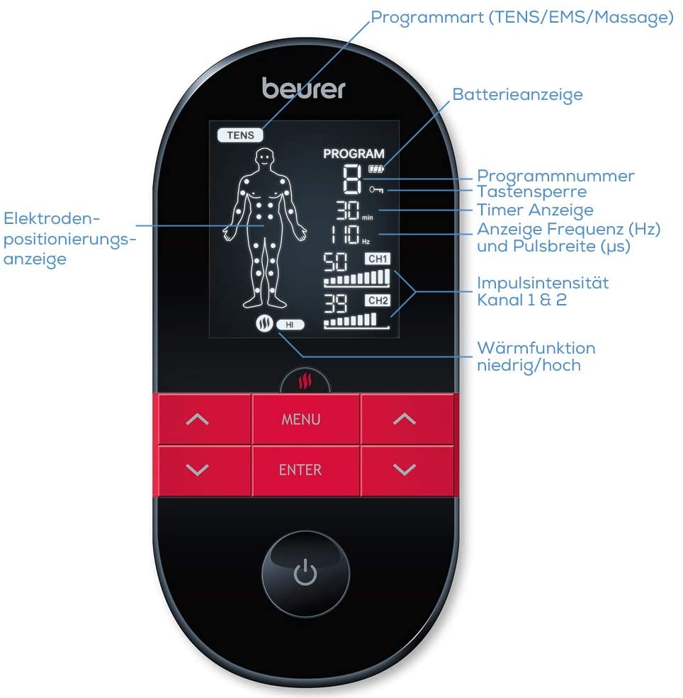 Beurer EM 59 Heat digital TENS / EMS device, 4-in-1 stimulation current device for pain therapy, muscle stimulation, massage and heat therapy, incl. 4 electrodes and battery.