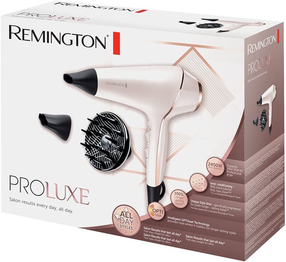 Remington Haartrockner Profi Ionen PROluxe 2400W 150km/h 3 Stylingaufsätze OPTIheat-Technologie für lang anhaltende Styling-Ergebnisse Ionenpflege Anti Frizz langlebiger AC-Motor AC9140 Haartrockner Single