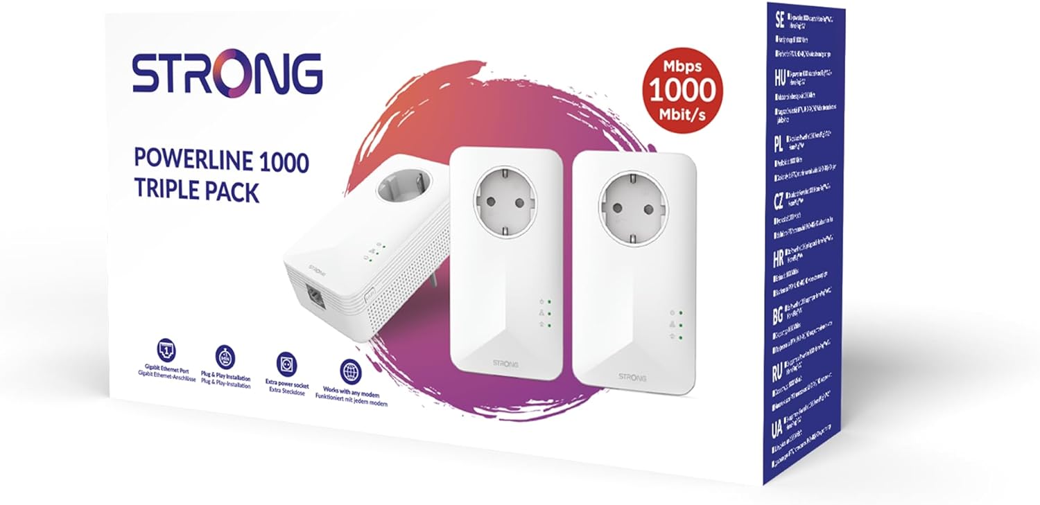 STRONG Powerline 1000 Triple Pack, PowerLAN-Adapter Set mit 3 Stück, 100 Mbit/s, Hochgeschwindigkeits-Netzwerk für das ganze Haus, Ethernet LAN Anschluss, Internetverbindung über Steckdose