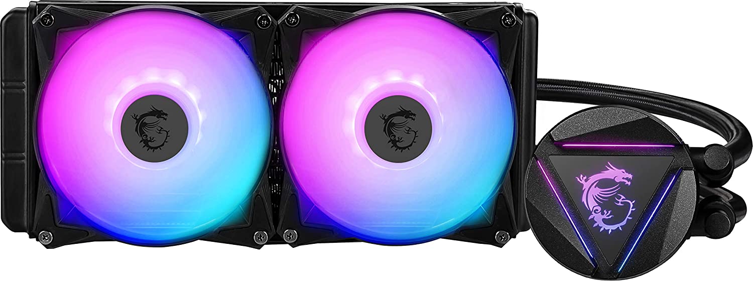 MSI MAG CORELIQUID 240R AIO CPU Wasserkühlung, drehbarer ARGB-Blockkopf, integrierte Kühlerpumpe, Split-Flow-Wasserkühlung, verdampfungssichere Schläuche, einfache Montage, AMD & Intel kompatibel 240 mm / 2 Lüfter R-Series