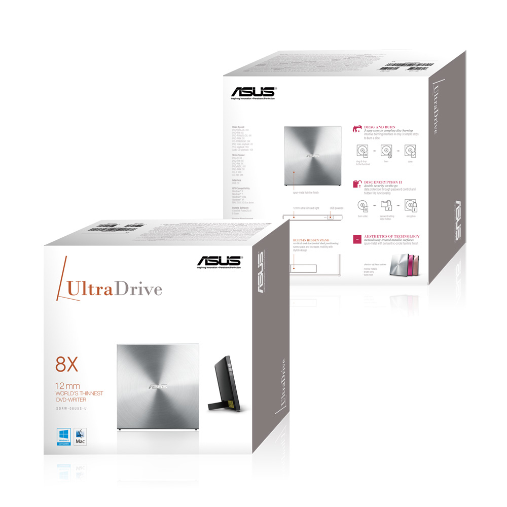 ASUS SDRW-08U5S-U Tragbares externes DVD Super Multi DL Laufwerk, USB 2.0, Metallisch, 12,9 mm