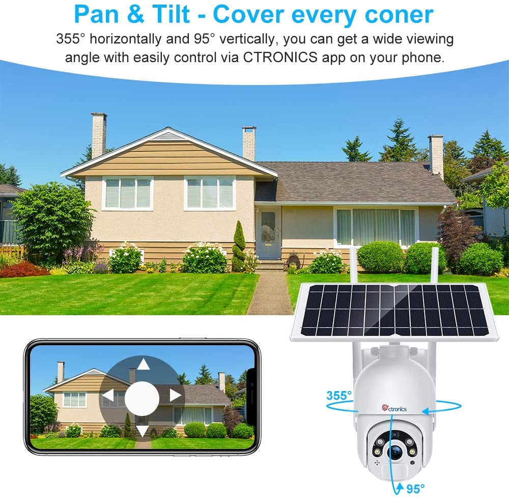 Ctronics Pan Tilt Solar Security Camera Wi-Fi 1080P PTZ Color Night Vision