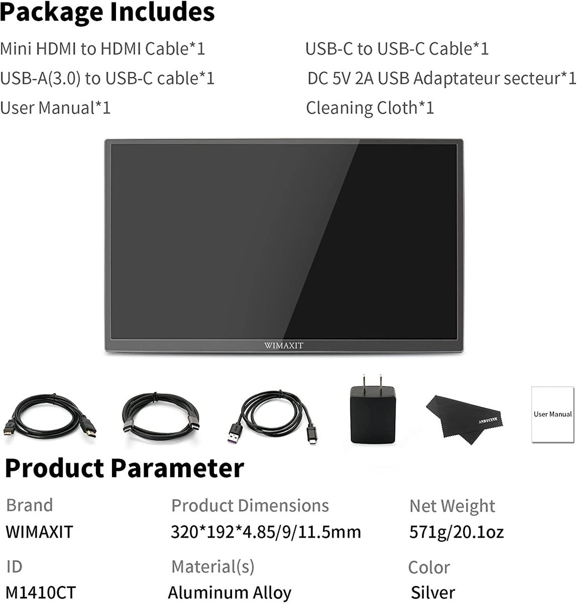 WIMAXIT Tragbarer 14-Zoll-Touchscreen-Monitor, externer Zweitbildschirm mit Zwei voll ausgestatteten Typ-C- und Mini-HDMI-Anschlüssen mit faltbarem Ständer für Laptop, PC, PS4, Xbox, Android-Telefon