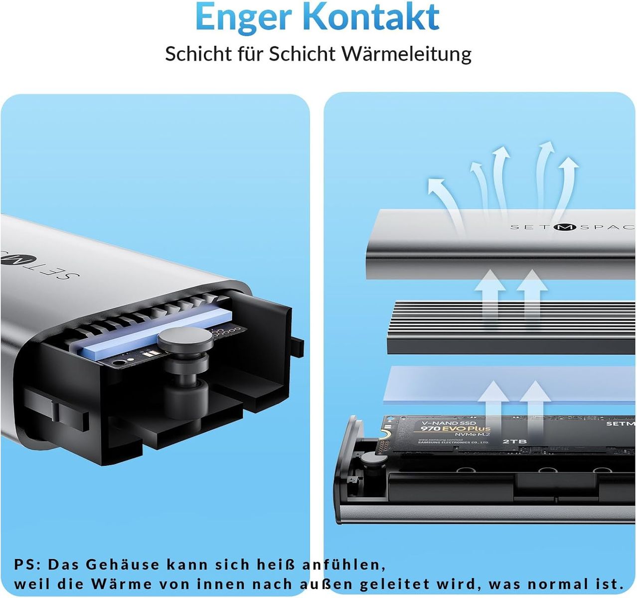 SETMSPACE NVME/SATA SSD Enclosure, M.2 SSD Gehäuse für M-Key & B&M-Key, 2-in-1 Kabel USB 3.2 Gen2 10 Gbps PD 60W, Aluminium Grau, 2280/2260/2242/2230