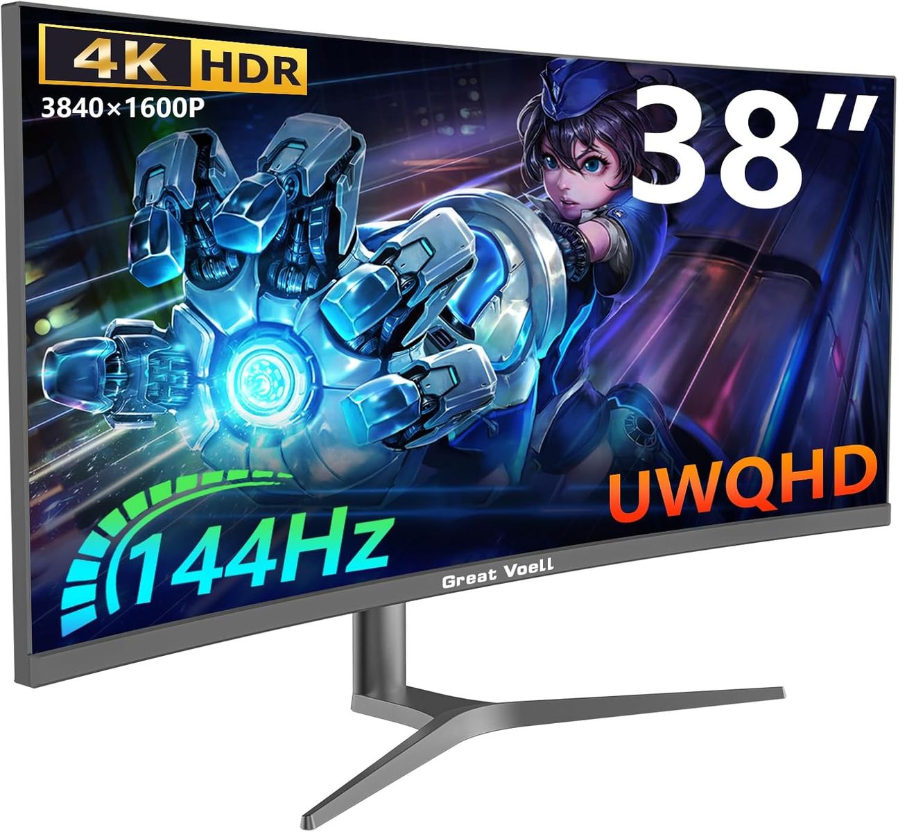 Great voell 38-Zoll Curved Gaming Monitor, 144Hz, UWQHD 3840x1600, 2500R, 1ms, 99% sRGB, FreeSync, HDR, Anti-Blue Light, VESA montierbar, HDMI 2.0, DP 1.4, Multifunktionsständer