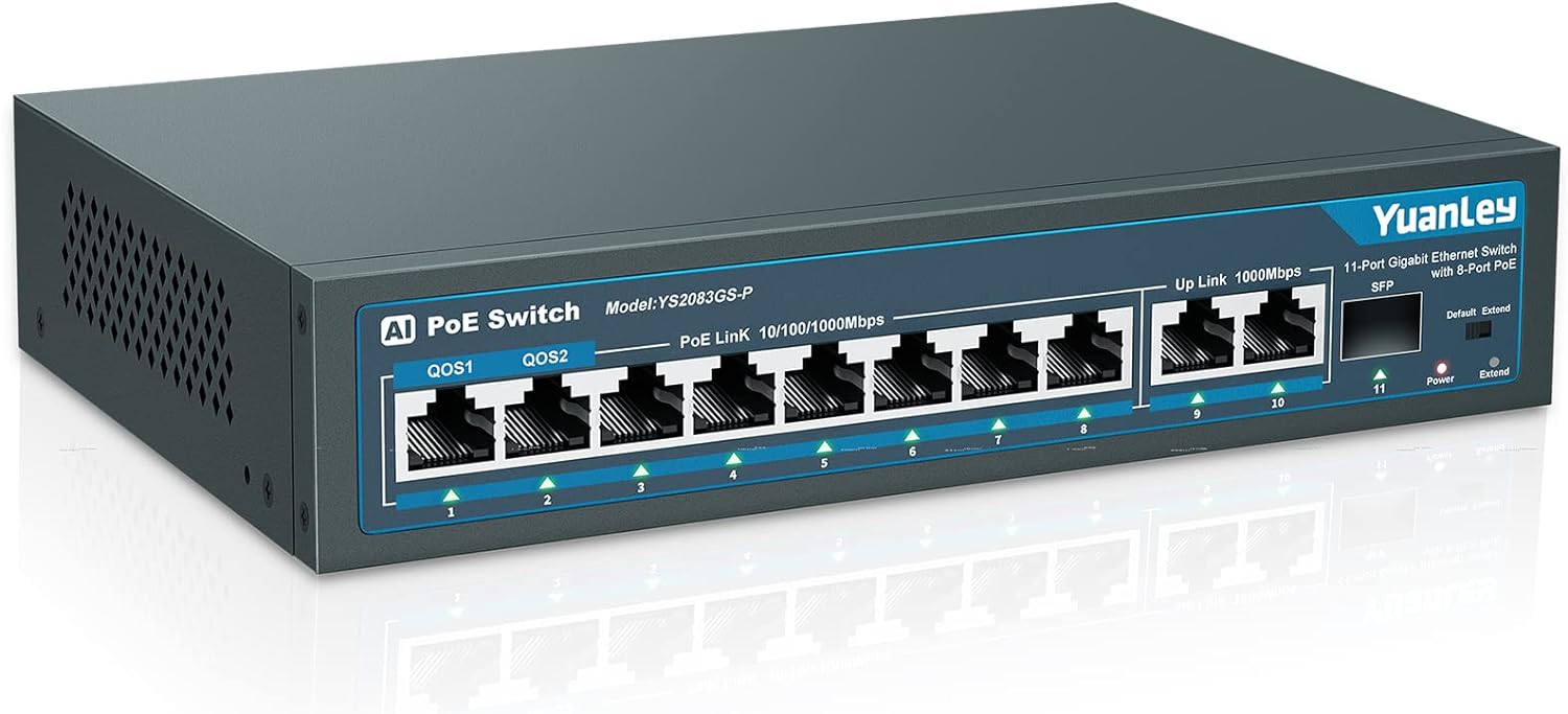 YuanLey 11 Port Gigabit PoE Switch, 8 PoE+ Port 1000 Mbit/s, 2 Gigabit Uplink, 1 SFP Port, 120W 802.3af/at, Metall, Qos, Nicht Verwalteter Plug and Play Ethernet Smart Detection Ethernet Switch 11 Port | 8*PoE+(1000Mbps) (120w)