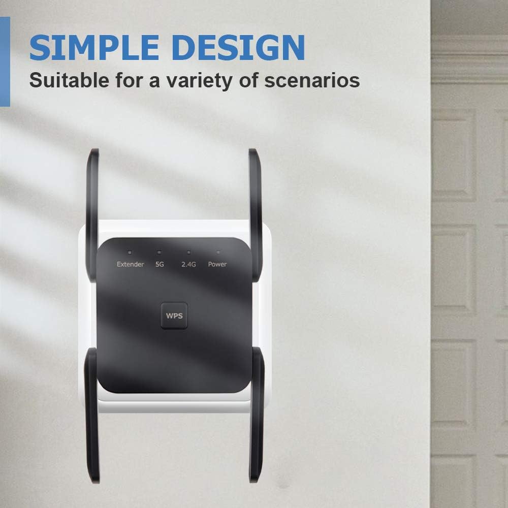 YUIN Verstärker, WLAN-Signal, Dual-Band 2,4 GHz/5 GHz, 1200 Mbps, WLAN-Netzwerk-Repeater, drahtloser Repeater mit WPS-Taste, unterstützt Ap-/Repeater-Modus, Schwarz