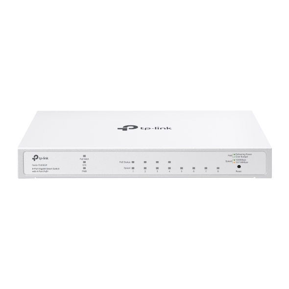 TP-Link Festa FS308GP V1.0 Managed 8-Port Gigabit PoE+ Switch, 4x PoE+ 30W, 2x SFP, 62W Gesamt, Rackmount, Weiß