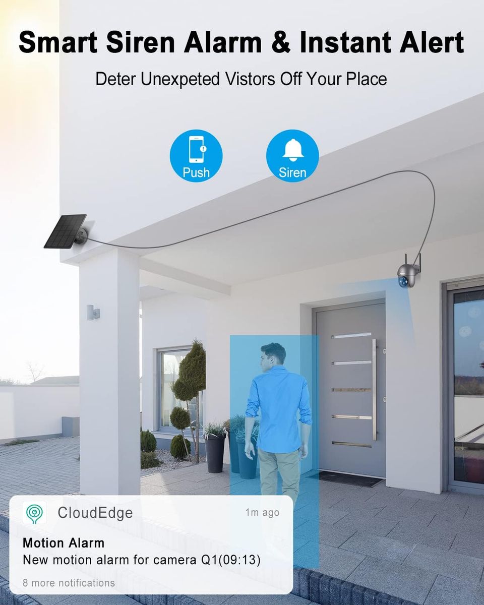 ANRAN 2K Überwachungskamera Aussen Akku WLAN, 360 Grad Schwenkbare Kabellose Überwachungskamera mit Solarpanel, PIR Bewegungsmelder mit Flutlicht, 2-Wege-Audio, Nachtsicht, 2,4GHz WLAN, Q01 Grau