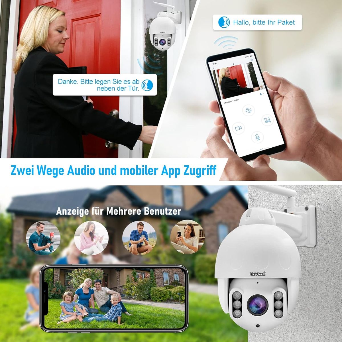 PTZ Security Camera - 5X Optischer Zoom Überwachungskamera Aussen WLAN, mit automatischer Verfolgung, 2-Wege Audio,50-80M Nachtsicht in Farbe, 355°/90° Schwenkbar, 128GB SD-Karten (P3-5X-5MPW Weiß)