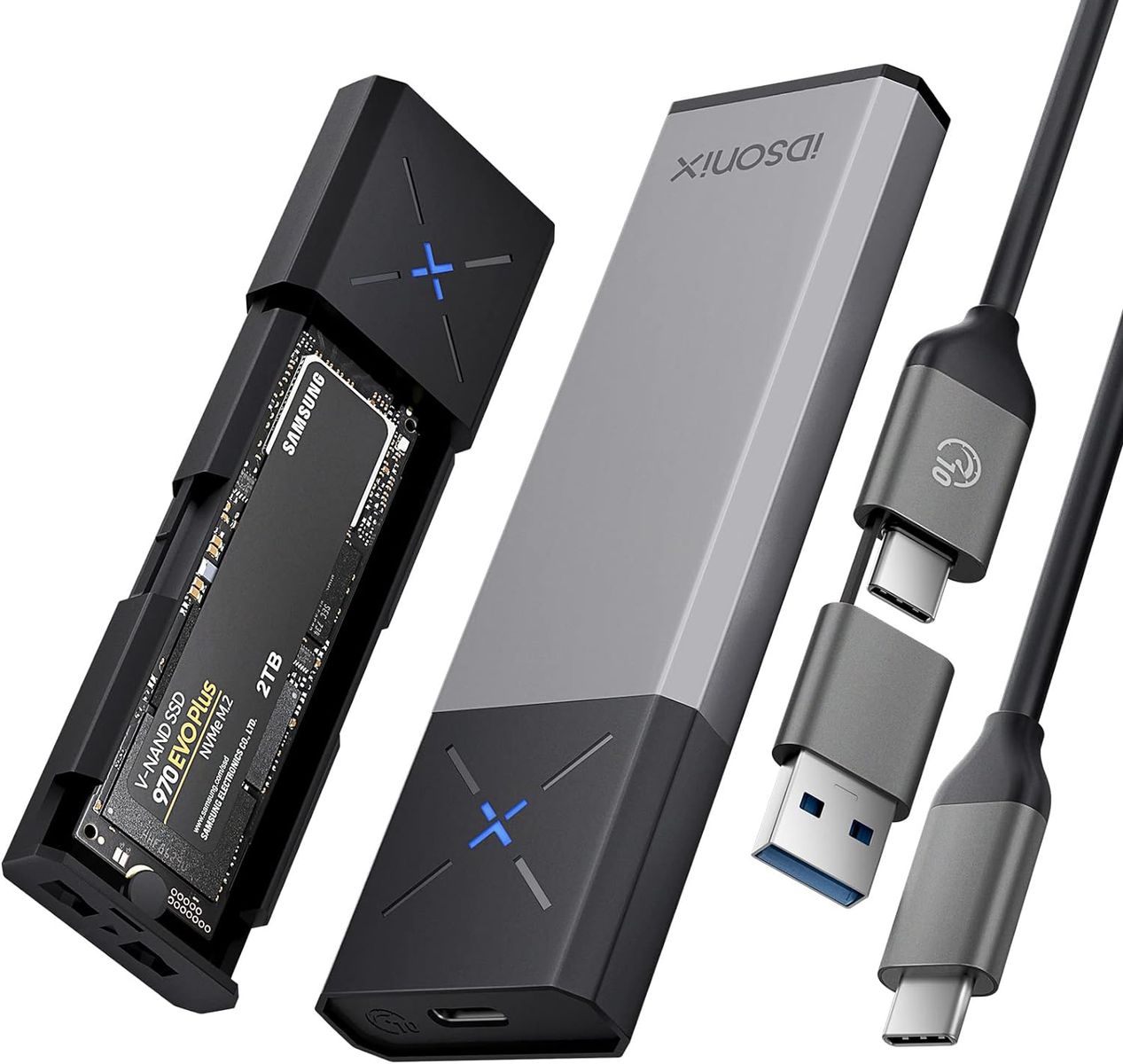 iDsonix M.2 [NVMe & SATA] SSD Gehäuse Adapter [Werkzeugfrei][Aluminium], NVMe zu USB 3.2 Gen 2 10Gbps, M.2 zu USB A&C Unterstützt M-Key/B+M Key, mit UASP Trim für 2230/2242/2260/2280 SSD Gris