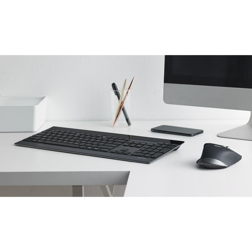 Rapoo 9900M Wireless Desk Set, Keyboard and Mouse, Multi-Mode (Bluetooth 3.0, 4.0, 2.4 GHz Wireless via USB), Flat 4.0 mm Design, 3200 DPI Sensor (DEU Layout - QWERTZ)