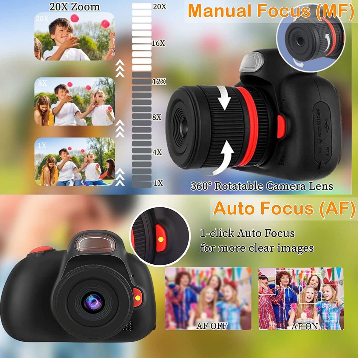 SLR Kinderkamera 1080P HD 28 MP Selfie Kinder Kamera Digital mit Doppelobjektiv, Blitz, AF, MF, 20X Zoom, 1200mAh Akku, 2,4” IPS, 32G Karte inklusive Geburtstagsgeschenk für Jungen Mädchen - Schwarz SLR Black