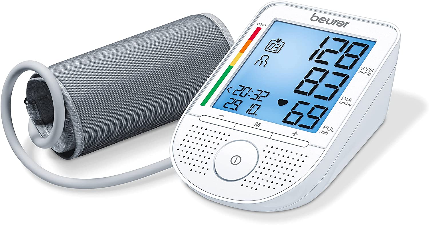 Beurer BM 49 Sprechendes Blutdruckmessgerät (DE, FR, IT, NL) mit Risiko-Indikator und Arrhythmie-Erkennung, zwei Benutzerspeicher mit 60 Speicherplätzen, Meldung bei Anwendungsfehlern