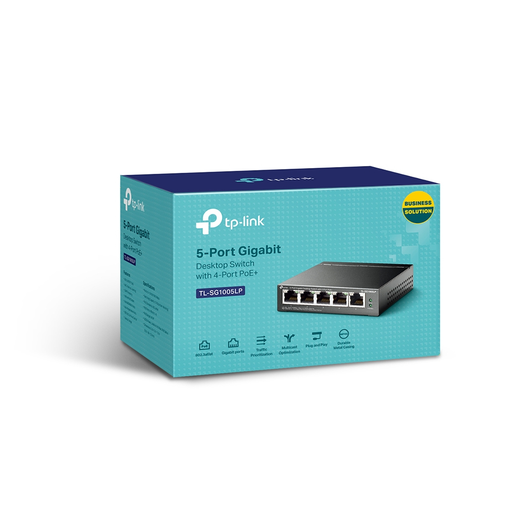TP-Link TL-SG1005LP V3.0 5-Port Gigabit Desktop Switch, 4x PoE+ (40 W), Unmanaged, DC/PoE-Netzteil, QoS, Metallgehäuse, Wandmontage, EU