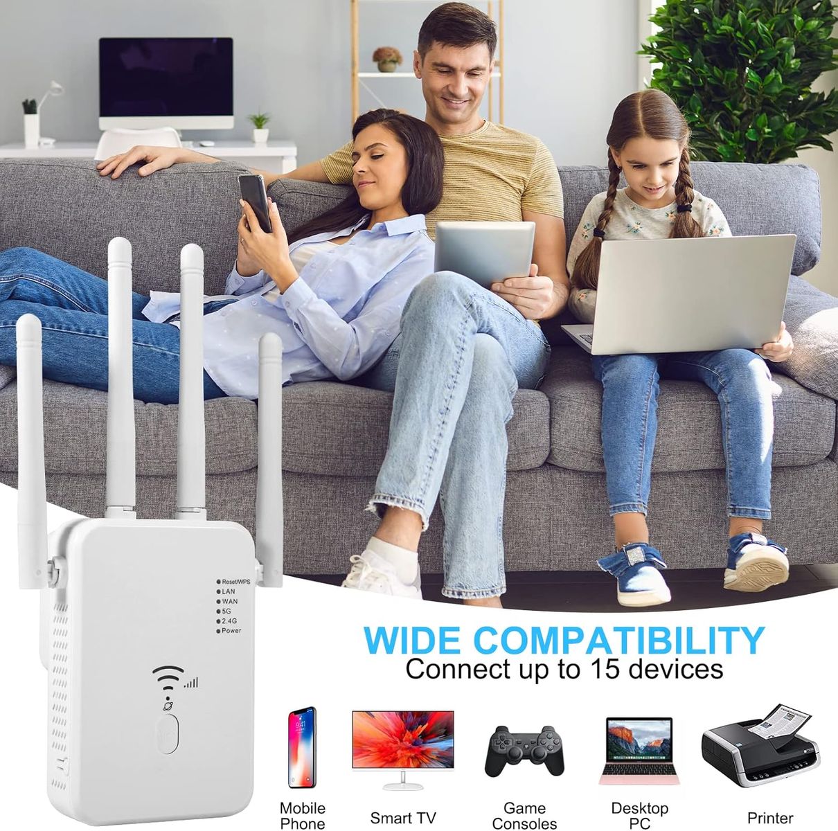 Glxertvz WLAN Repeater WLAN Verstärker 1200Mbit/s Dualband 2,4GHz+5GHz WiFi Booster mit Repeater/Router/Access Point Modus,4 Antenne,Einfache Einrichtung,WiFi Range Extender Mit LAN/WAN Port MM