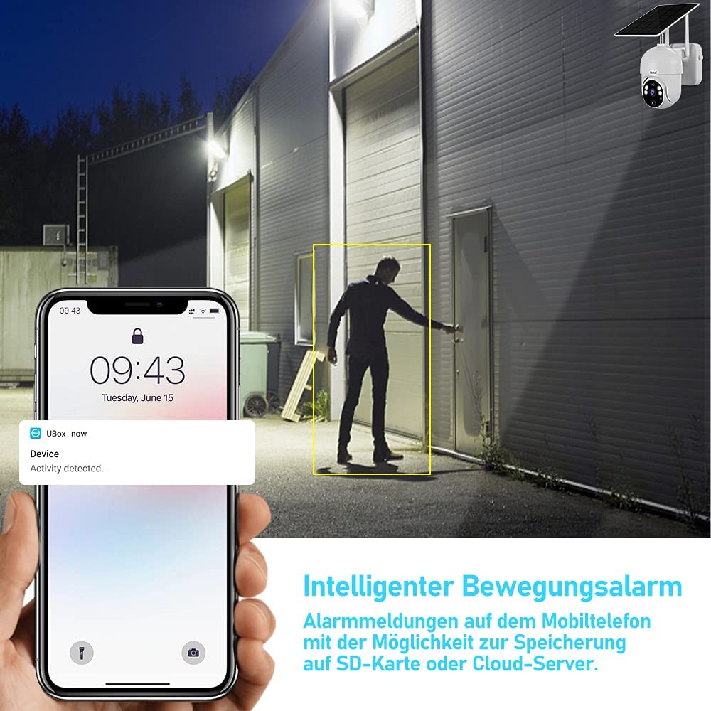 JideTech Solar Überwachungskamera Aussen Akku 14400mAh, 2MP PTZ WiFi Dome WLAN Kamera mit Solarpanel,PIR und Radar Erkennung, Farb-Nachtsicht, 2-Wege-Audio 20M Nachtsicht, SD-Kartenslot 1 Stück (1er Pack)