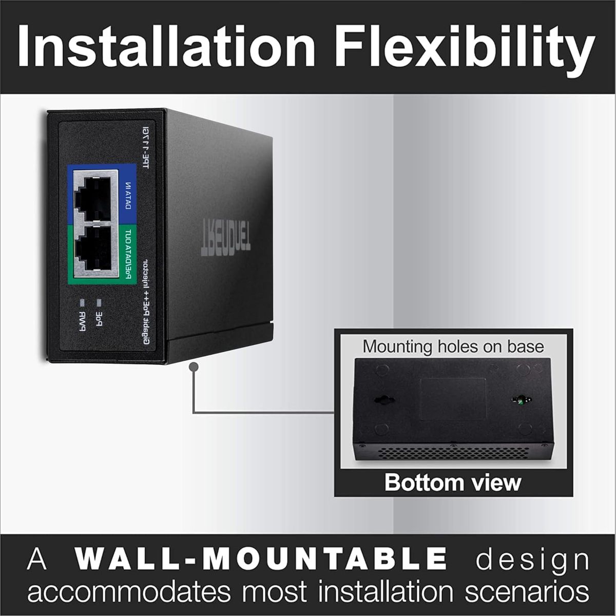 Trendnet TPE-117GI PoE++ Injektor 60 W Gigabit Ethernet, 10/100/1000 Mbit/s, IEEE 802.3bt, 100-240 V, Schwarz