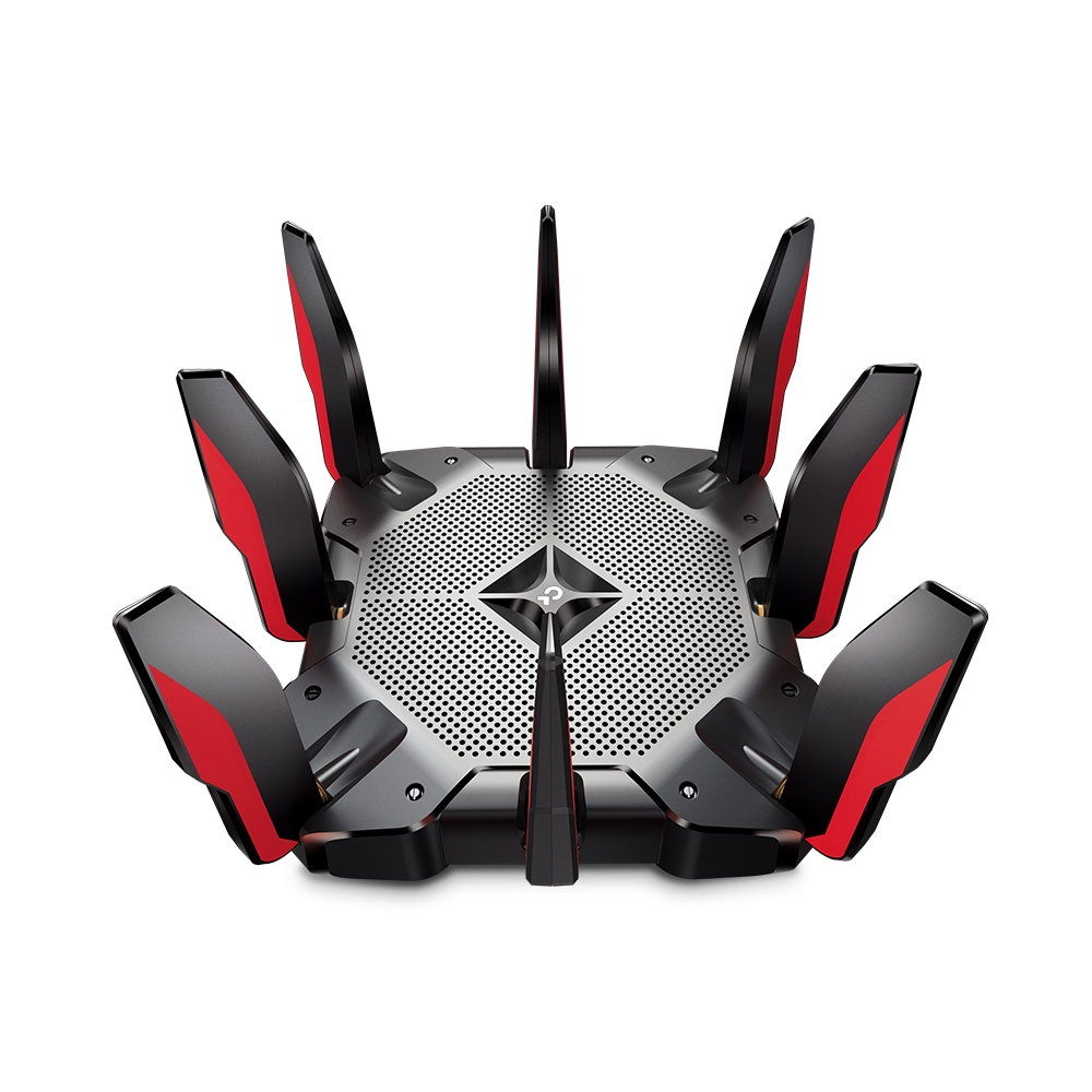 TP-Link Archer AX11000 Wi-Fi 6 Triband WLAN Gaming Router (10,76 Gbit/s auf 2x5GHz und 2.4Ghz, 8 × Gigabit LAN-Ports, 2 × USB 3.0 auf Type A und Type C, HomeCare, Schnellinstallation)schwarz, rot