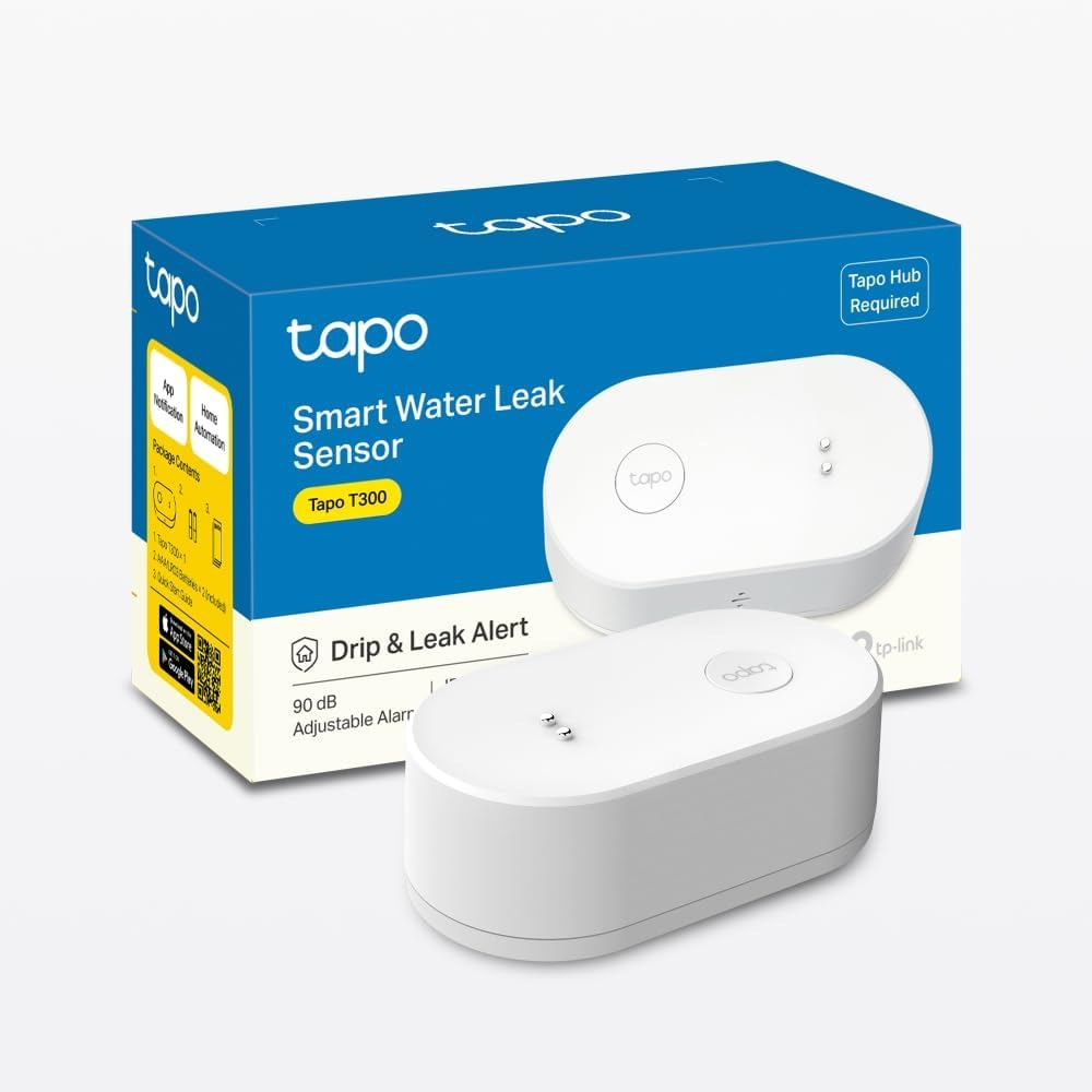 TP-Link T300 Smarter Wasserleck-Sensor, Hub erforderlich, eingebaute 90Db einstellbare Sirene, Sensor & APP & Hub-Alarm, IP67 wasserdicht, Flexible Platzierung Sensor Smart Wasserlecksensor