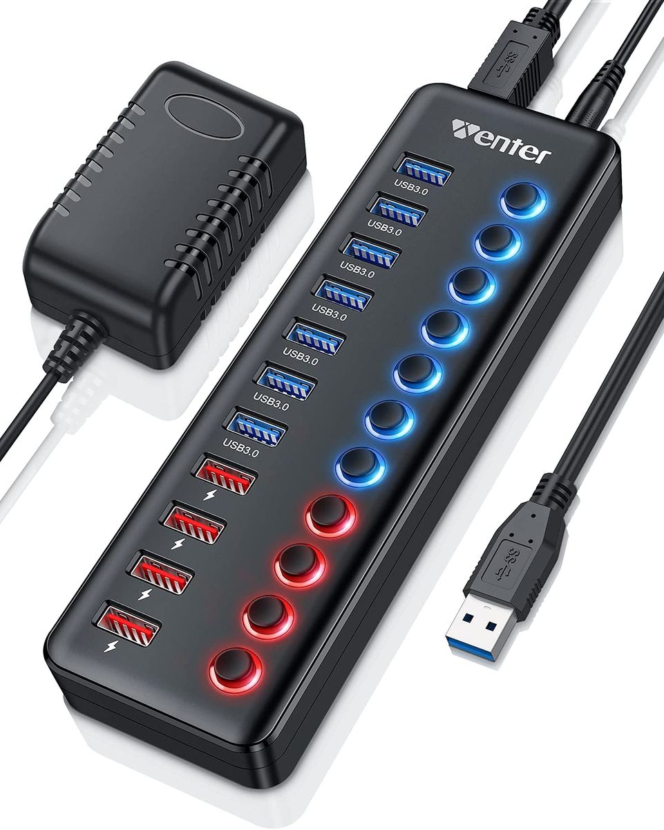 WENTER USB Hub 3.0 Aktiv 11 Ports 36W 12V 3A Netzteil USB 3.0 Mehrfach Ports Verteiler LED Einzelnen EIN/Aus-Schalter USB 3.0 Hub 7 Ports Datenübertragung 4 Ports Schnellladegerät