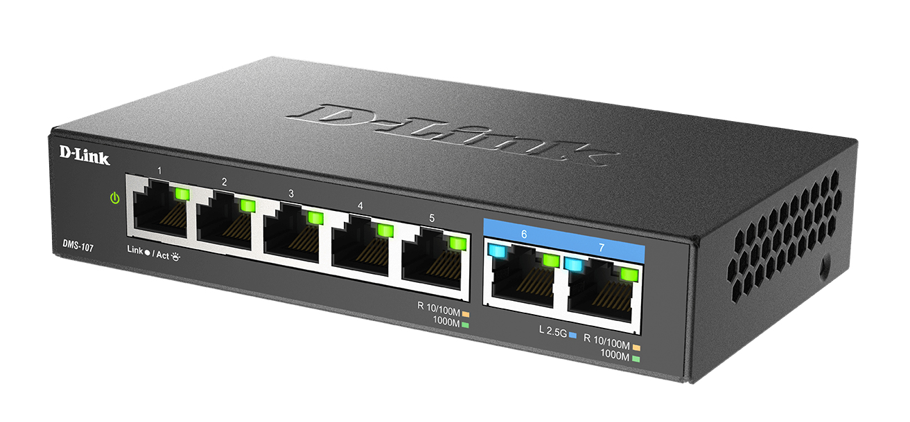 D-Link DMS-107/E 7-Port Multi-Gigabit Unmanaged Switch (2x 2,5G und 5x 1G Ports, lüfterlos, Low Profile, kompaktes Metallgehäuse, QoS, Plug and Play) 7 Ports| 5x 1G| 2x 2,5G