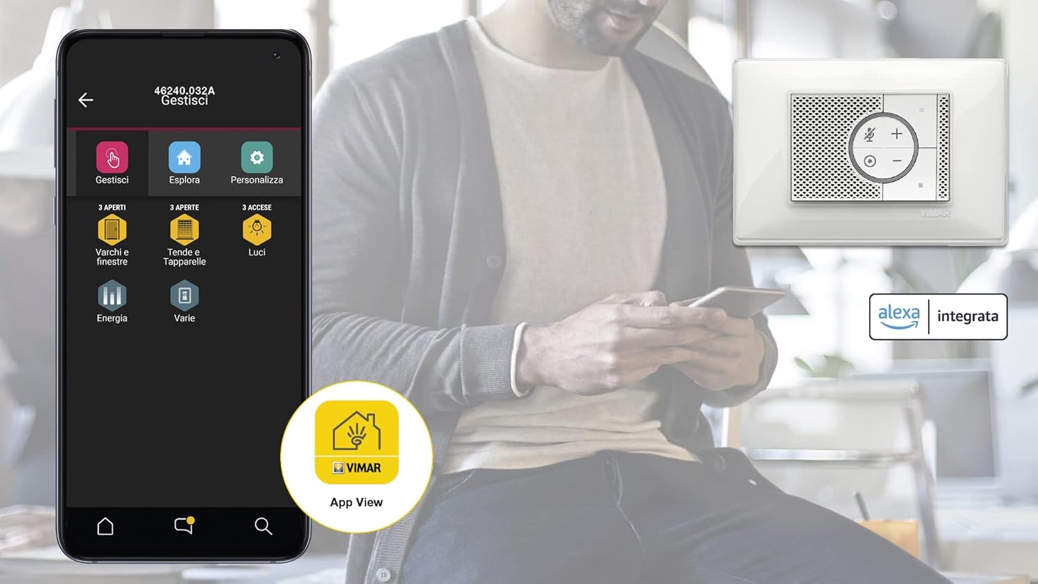 Vimar 03975.B Alexa Sprachsteuerung, integriertes WLAN, 2 Fronttasten, RGB-LED-Hintergrundbeleuchtung, Relaissteuerung, Weiß